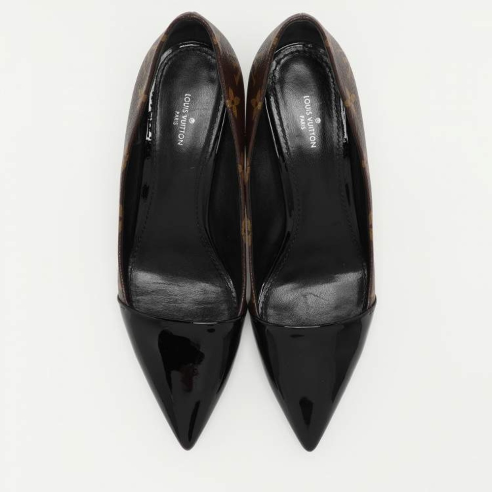 LOUIS VUITTON Brown LV Monogram Canvas Black Patent Leather Pointed-Toe Pumps 40 - Picture 3 of 11